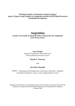 Argentina Country Case Study on Domestic Policy Frameworks for Adaptation in the Water Sector