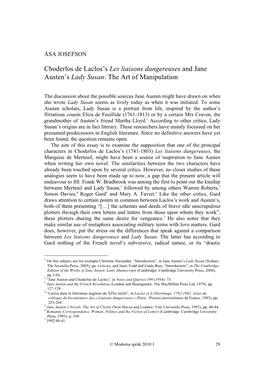 Choderlos De Laclos's Les Liaisons Dangereuses and Jane Austen's