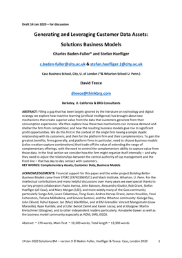Generating and Leveraging Customer Data Assets: Solutions Business Models Charles Baden-Fuller* and Stefan Haefliger
