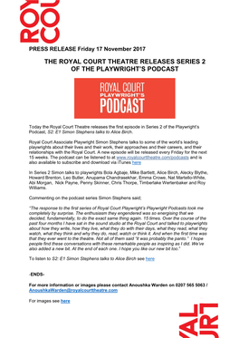 The Royal Court Theatre Releases Series 2 of the Playwright’S Podcast