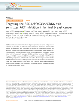 Targeting the BRD4/Foxo3a/CDK6 Axis Sensitizes AKT Inhibition in Luminal Breast Cancer