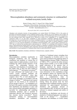 Mesozooplankton Abundance and Community Structure in Vembanad-Kol Wetland Ecosystem, Kerala, India