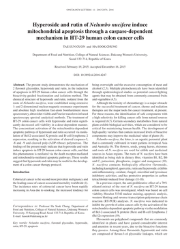 Hyperoside and Rutin of Nelumbo Nucifera Induce Mitochondrial Apoptosis Through a Caspase-Dependent Mechanism in HT-29 Human Colon Cancer Cells