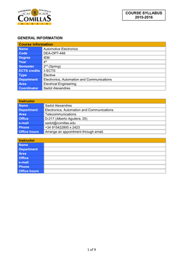 1 of 9 COURSE SYLLABUS 2015-2016 GENERAL