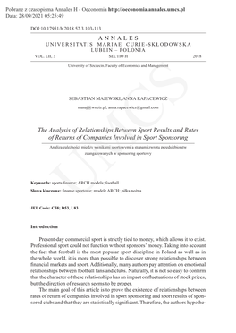 The Analysis of Relationships Between Sport Results and Rates of Returns of Companies Involved in Sport Sponsoring