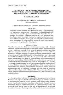Polystichum Lonchitis (Dryopteridaceae: Pteridophyta) a Montane-Alpine Fern Species, Monitored Since 1978 in the Netherlands