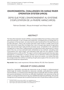 Environmental Challenges on Haraz River Operation System (HROS) DEFIS QUE POSE L’ENVIRONNEMENT AU SYSTEME D’EXPLOITATION DE LA RIVIERE HARAZ (HROS)