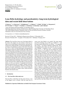 Lena Delta Hydrology and Geochemistry: Long-Term Hydrological Data and Recent ﬁeld Observations