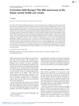 Therapy? the 40Th Anniversary of the Italian Mental Health Care Reform