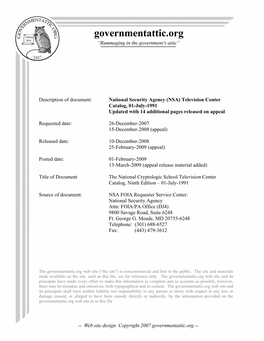 National Security Agency (NSA) Television Center Catalog, 01-July-1991 Updated with 14 Additional Pages Released on Appeal