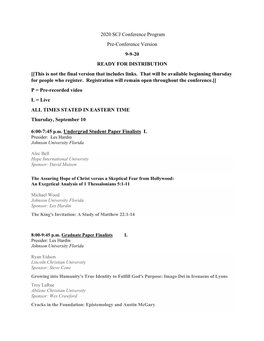 2020 SCJ Conference Program Pre-Conference Version 9-9-20 READY for DISTRIBUTION [[This Is Not the Final Version That Includes Links