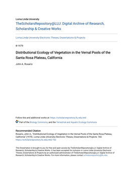 Distributional Ecology of Vegetation in the Vernal Pools of the Santa Rosa Plateau, California