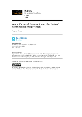 Dictynna, 3 | 2006 Venus, Varro and the Vates: Toward the Limits of Etymologizing Interpretation 2