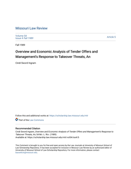 Overview and Economic Analysis of Tender Offers and Management's Response to Takeover Threats, An