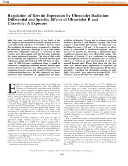 Regulation of Keratin Expression by Ultraviolet Radiation: Differential and Speci®C Effects of Ultraviolet B and Ultraviolet a Exposure