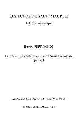 La Littérature Contemporaine En Suisse Romande, Partie I