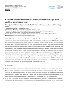 Crustal Structures Beneath the Eastern and Southern Alps from Ambient Noise Tomography Ehsan Qorbani1,2, Dimitri Zigone3, Mark R