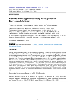 Pesticides Handling Practices Among Potato Growers in Kavrepalanchok, Nepal