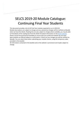 SELCS 2019-20 Module Catalogue: Continuing Final Year Students