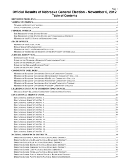 Official Results of Nebraska General Election - November 6, 2012 Table of Contents REPORTED PROBLEMS