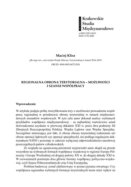 Regionalna Obrona Terytorialna – Możliwości I Szanse Współpracy