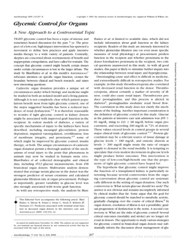 Glycemic Control for Organs a New Approach to a Controversial Topic TIGHT Glycemic Control Has Been a Topic of Intense and Iban˜Ez Et Al