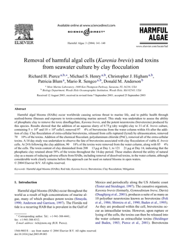 Karenia Brevis) and Toxins from Seawater Culture by Clay ﬂocculation Richard H