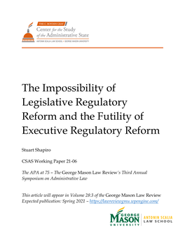 The Impossibility of Legislative Regulatory Reform and the Futility of Executive Regulatory Reform