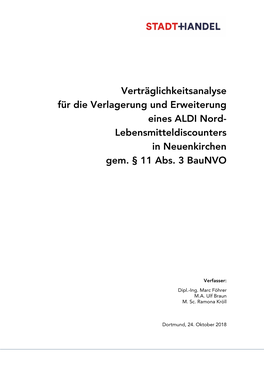 Verträglichkeitsanalyse Für Die Verlagerung Und Erweiterung Eines ALDI Nord- Lebensmitteldiscounters in Neuenkirchen Gem