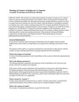 Marking of Country of Origin on U.S. Imports General Information