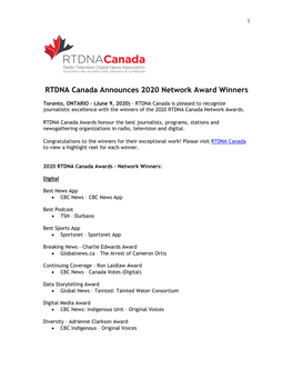 RTDNA Canada Announces 2020 Network Award Winners