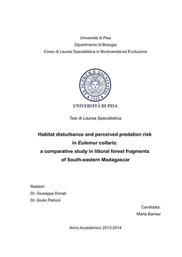 Università Di Pisa Dipartimento Di Biologia Corso Di Laurea Specialistica in Biodiversità Ed Evoluzione