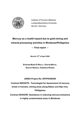Mercury As a Health Hazard Due to Gold Mining and Mineral Processing Activities in Mindanao/Philippines