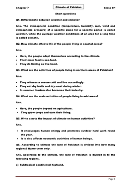 Chapter 7 Class 8Th Page 1 Climate of Pakistan Short Questions Q1