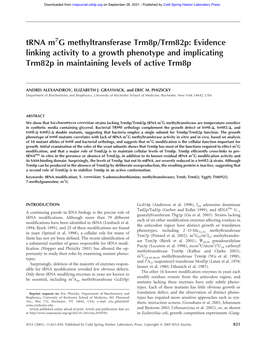 Trna M7g Methyltransferase Trm8p/Trm82p: Evidence Linking Activity to a Growth Phenotype and Implicating Trm82p in Maintaining Levels of Active Trm8p