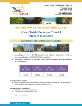 2Days/1Night Excursion Tour# 4 on 30Th & 31St