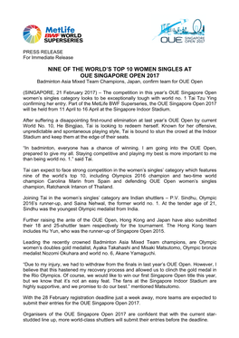 Nine of the World's Top 10 Women Singles at Oue Singapore Open 2017