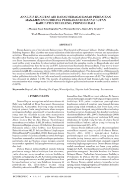 Analisis Kualitas Air Danau Sebagai Dasar Perbaikan Manajemen Budidaya Perikanan Di Danau Buyan Kabupaten Buleleng, Provinsi Bali