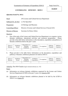 Examination of Estimates of Expenditure 2020-21 Reply Serial No