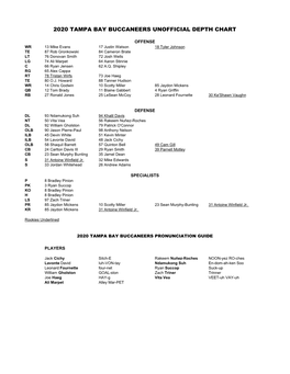 2020 Tampa Bay Buccaneers Unofficial Depth Chart