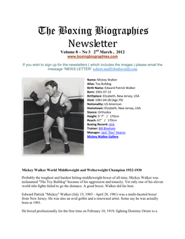 The Boxing Biographies Newsletter Volume 8 – No 3 2Nd March , 2012