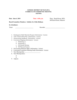 School District of Manawa Curriculum Committee Meeting Agenda