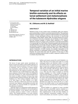 Temporal Variation of an Initial Marine Biofilm Community and Its Effects On