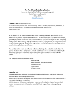 The Top 5 Anesthetic Complications Hypothermia