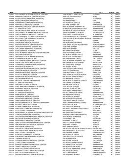 Mpn Hospital Name Address City State Zip 010001 Southeast Alabama Medical Center 1108 Ross Clark Circle Dothan Al 36301 010005 Marshall Medical Center South 2505 U.S