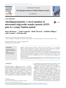 A Novel Mutation of Microsomal Triglyceride Transfer Protein (MTP) Gene in a Young Tunisian Patient