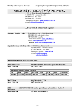 Oblastný Futbalový Zväz Prievidza Rozpis Majstrovských Futbalových Súťaží 2014-2015