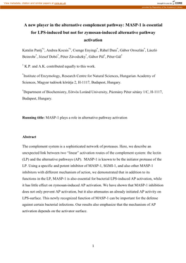 A New Player in the Alternative Complement Pathway: MASP-1 Is Essential for LPS-Induced but Not for Zymosan-Induced Alternative Pathway Activation