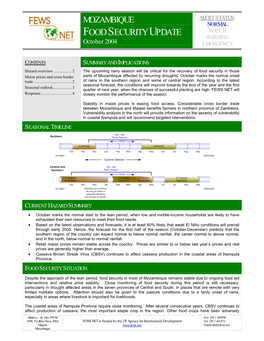 Mozambique Food Security Update October 2004 Affected in Recent Years by Below Average Main Season Rains