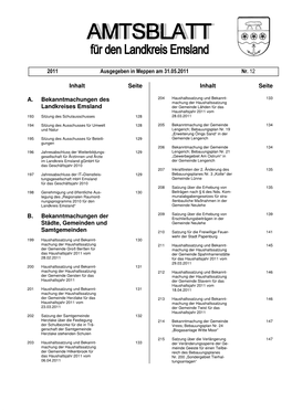 Inhalt Seite A. Bekanntmachungen Des Landkreises Emsland B